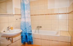 une salle de bain avec un lavabo et une baignoire dans l'établissement Blue Chili 18 Zentrales CITY-Apartment am Hasselbachplatz, 4 Personen, à Magdebourg