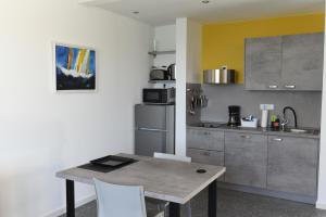 kuchnia ze stołem i krzesłami w pokoju w obiekcie Buric House - Apartments Klasik and Studio Mini w Rovinj