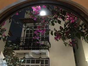 une arche avec des fleurs roses devant une fenêtre dans l'établissement Villa Las Campanas, à San Juan Teotihuacán