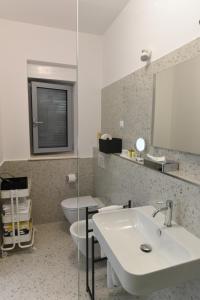 łazienka z umywalką, toaletą i lustrem w obiekcie Buric House - Apartments Klasik and Studio Mini w Rovinj +11 zdjęć
