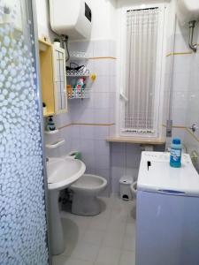 een badkamer met een wastafel, een toilet en een douche bij via Ancona a 50mt dal mare in Marcelli