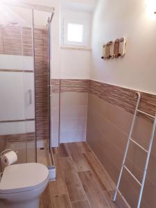 a bathroom with a toilet and a glass shower at Pian di Rocca Country in Castiglione della Pescaia