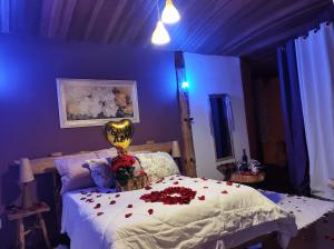 Un dormitorio con una cama con flores. en Pousada Bella Vista, en Visconde De Maua