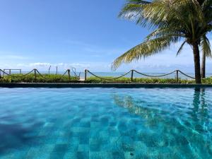 una piscina con una palmera y una montaña rusa en Pousada Casotas en Pôrto de Pedras