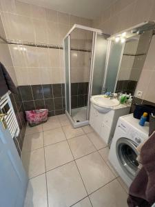 ein Badezimmer mit einer Waschmaschine und einem Waschbecken in der Unterkunft Appartement avec vue exceptionnelle sur mer in Cerbère