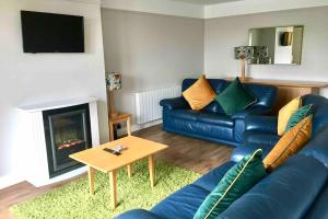 sala de estar con sofá de cuero azul y chimenea en Ocean View Penthouse, The Harbour Mill, Westport, en Westport