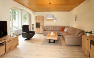 a living room with a couch and a table at Ferienwohnung Am Schildautal-mit Gartenlounge & WLAN in Seesen