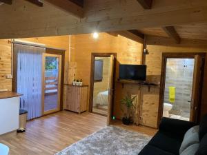 ein Wohnzimmer mit Holzwänden und einem TV an der Wand in der Unterkunft Moinho de Vento (CASA DE MADEIRA) in Castelo Branco