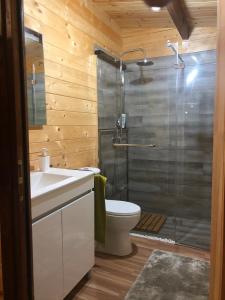 a bathroom with a shower and a toilet and a sink at Moinho de Vento (CASA DE MADEIRA) in Castelo Branco