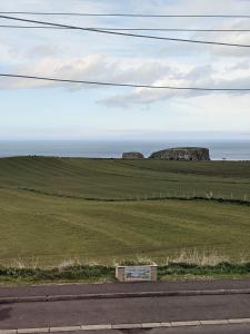 una vista de un campo con el océano en el fondo en Seaview Ballintoy en Ballintoy