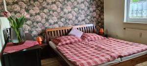 1 dormitorio con 1 cama con manta de cuadros roja en Zur alten Tischlerei en Oberhof