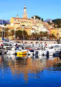 a group of boats docked in a harbor with a city at Les Hauts du Baousset in Menton