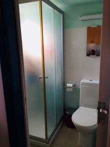 a bathroom with a toilet and a glass shower at Artist Cottage in Dromolaxia in Larnaca