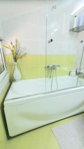 a white bath tub with a glass shower in a bathroom at Apartman Anja in Budva