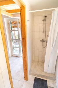 ein Bad mit einer Dusche und einem Duschvorhang in der Unterkunft Villa Insula in Vela Luka