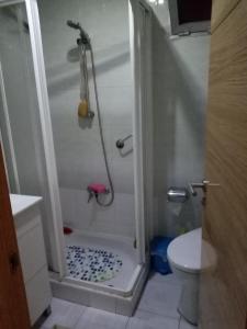 y baño con ducha y aseo. en Habitación silenciosa cerca del Hospital valdecilla, en Santander