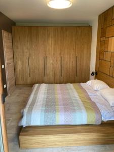 1 dormitorio con 1 cama grande y armarios de madera en Apartma Oblak Portoroz, en Portorož
