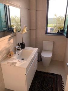 a bathroom with a white sink and a toilet at Casa da Colina - Villa in the Countryside in Sobral do Parelhão