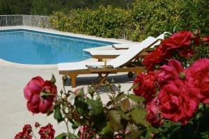 a swimming pool with two lounge chairs and flowers at Hotel Rural Can Maries in Puerto de San Miguel