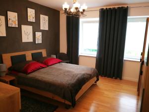 a bedroom with a bed with red pillows at Ferienwohnung Danziger OG in Celle