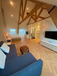 a large living room with a blue couch and a tv at Oranjepark in Dordrecht