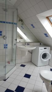 a bathroom with a shower sink and a washing machine at Hofgestüt Bleesern FEWO2 in Bleesern