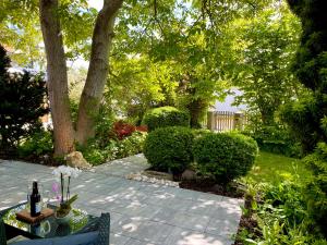 a garden with a table and some bushes and trees at The Villetta in Petershausen