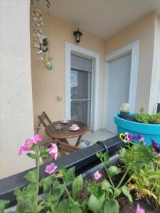 eine Terrasse mit einem Tisch und ein paar Blumen in der Unterkunft Paula Apartment in Dumbrăviţa