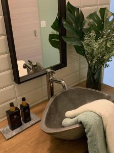 een badkamer met een wastafel met een handdoek en een spiegel bij BnB De Koepoort in Mechelen