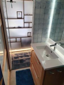 a bathroom with a sink and a shower at L'Exquishette de Lourmarin, un nid sur les toits. in Lourmarin