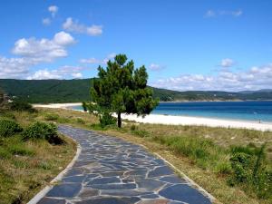 a stone path next to a beach with a tree at CASA CAXOTA: Planta baja con terraza y vistas al mar in Fisterra