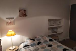 een slaapkamer met een bed en een lamp en planken bij Charmant T2 avec vue sur le port et parking in Vannes
