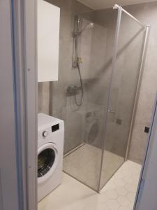 a bathroom with a shower and a washing machine at Kalamaja Garden in Tallinn +11 photos