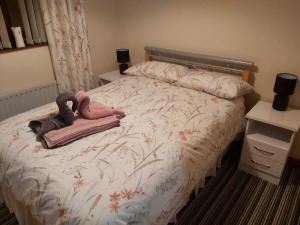 a bedroom with a bed with a stuffed animal on it at Foot of the Mournes - Cottage - Sleeps 4 - Parking in Newry