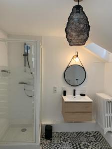 a bathroom with a sink and a shower and a mirror at L’escapade : maison centre-ville avec cour in Saumur