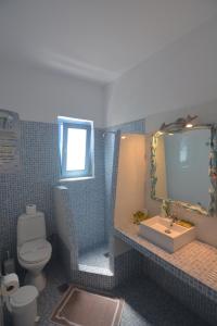 a bathroom with a toilet and a sink and a mirror at ThalaSEA - village Antiparos in Antiparos