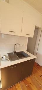 a kitchen with a sink and a counter top at FeWo Warnemüde in Warnemünde