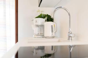 a kitchen counter with two coffee cups and a plant at LAKE Beth's House in Brenzone sul Garda +9 photos