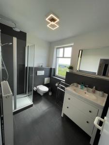 a bathroom with a sink and a shower and a toilet at Studio-Apartment Ankerplatz im Ferien-Resort Rügen in Neddesitz