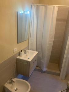 a bathroom with a sink and a toilet and a shower at La casina in Sonnino