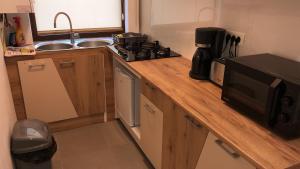 a kitchen with a counter with a sink and a microwave at Vibe studio in Piatra Neamţ