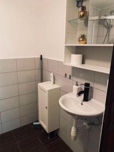 baño blanco con lavabo y armario en Apartmánek Patricie, en Mikulov