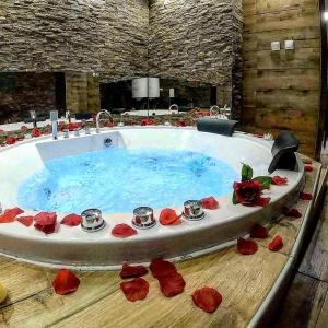 a jacuzzi tub with red roses around it at Canti apartments in Novi Sad