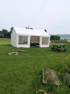 biały namiot na polu ze stołem piknikowym w obiekcie Siedlisko Waliszówka w mieście Bystrzyca Kłodzka