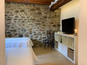 a bedroom with a stone wall with a bed and a tv at Maison del Arc in Jaca