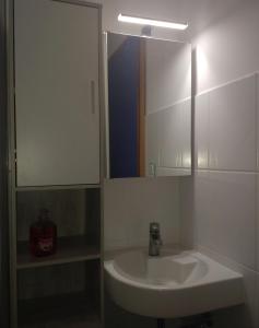 a bathroom with a sink and a mirror at Stylische Ferienwohnung Home Office in Wiesbaden