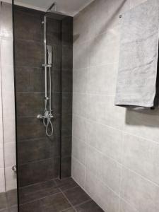 a shower with a glass door in a bathroom at Grey Sense Luxury Apartment in Heraklio Town