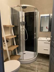 een badkamer met een douche, een toilet en een wastafel bij Les cèdres in Chalabre