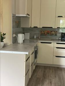 eine Küche mit weißen Schränken und weißen Geräten in der Unterkunft V15 Apartment in Druskininkai