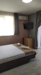 a bedroom with a bed and a flat screen tv at Family Hotel Malibu in Chernomorets
